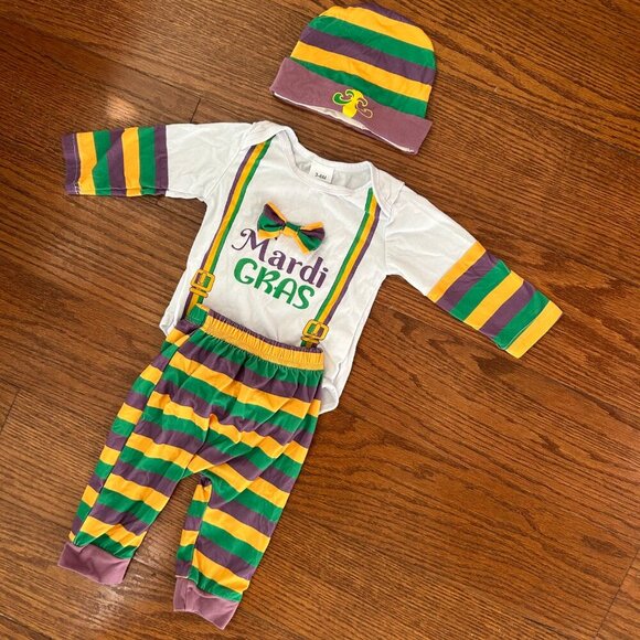 Baby Boy Mardi Gras Set Long Sleeve Bow Bodysuit Pants Hat Size 3-6 Months - Picture 2 of 13